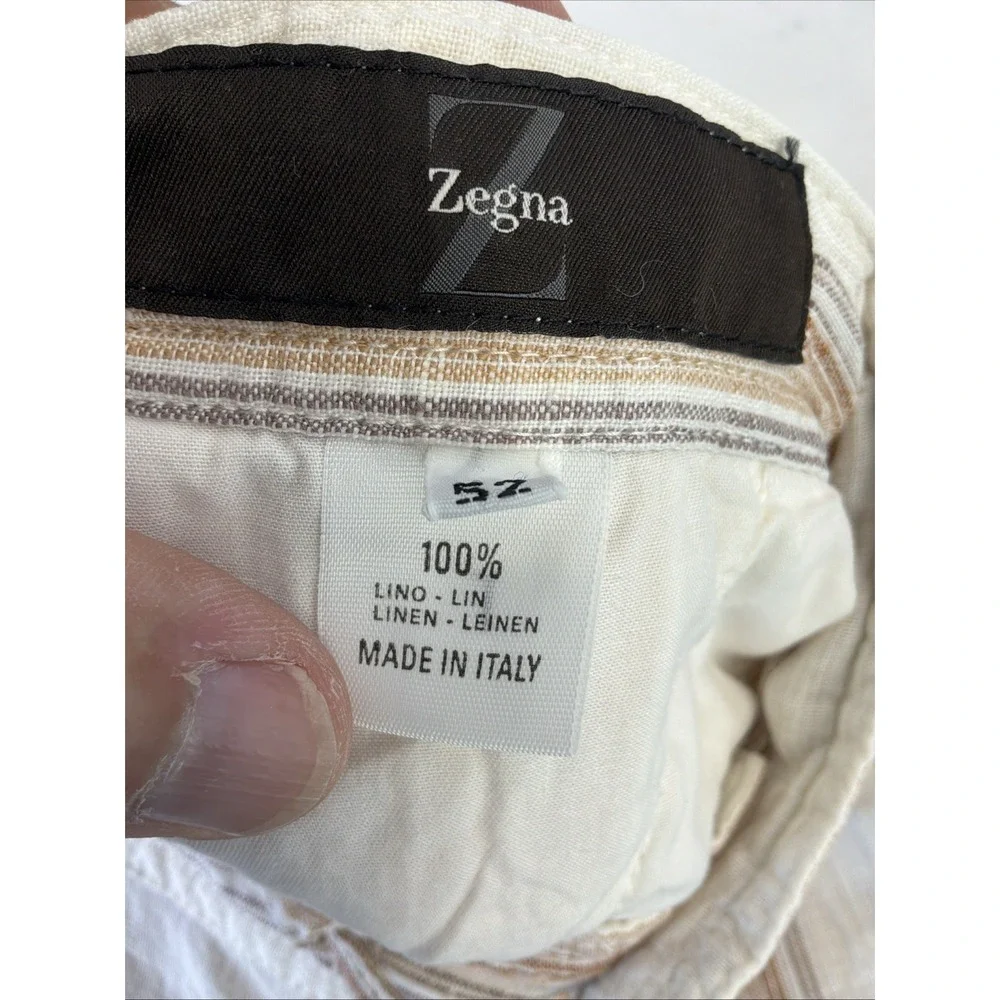 Zegna Mens 100% Linen Striped Pants IT 52 Made in Italy Coastal Drawstring Beige